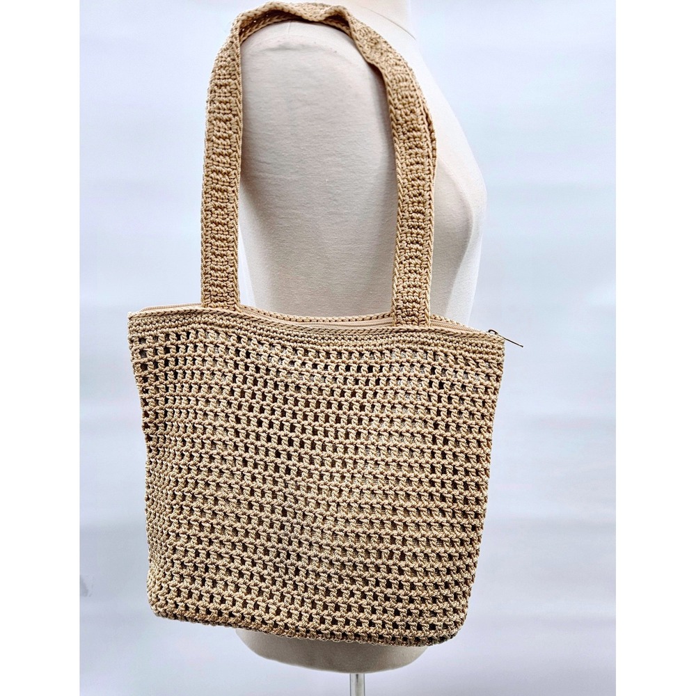 The Sak Tan Crochet Tote Bag Beige Woven Shoulder Purse Metallic Shimmer‎ Medium